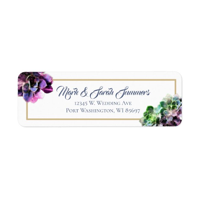 Purple Succulents with Blue Text Tan Line Wedding Label (Front)