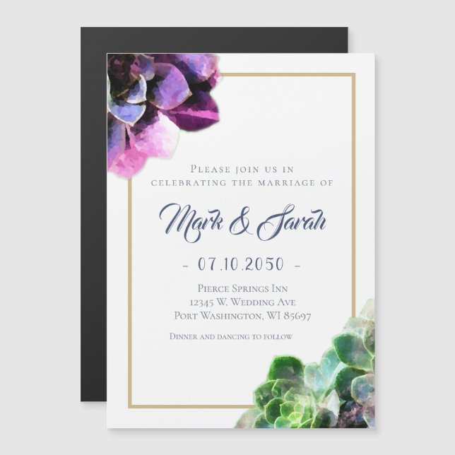 Purple Succulents with Blue Text Tan Line Wedding Magnetic Invitation (Front/Back)