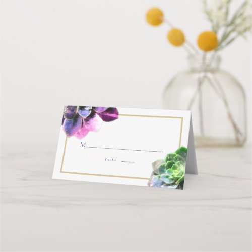 Purple Succulents with Blue Text Tan Line Wedding Place Card