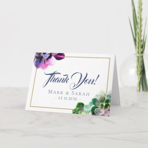 Purple Succulents with Blue Text Tan Line Wedding Thank You Card
