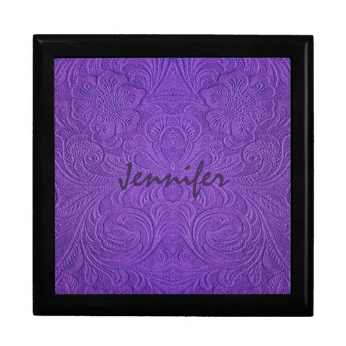 Purple Suede Leather Embossed Floral Design Keepsake Box