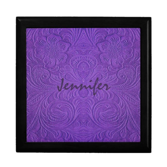 Purple Suede Leather Embossed Floral Design Keepsake Box (Front)
