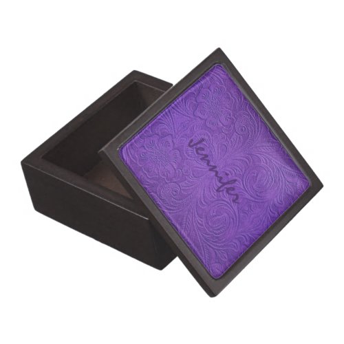 Purple Suede Leather Embossed Floral Design Keepsake Box
