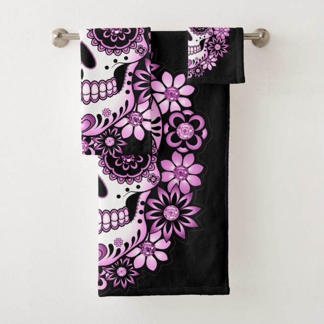 Purple Sugar Skull Bath Towel Set (Insitu)