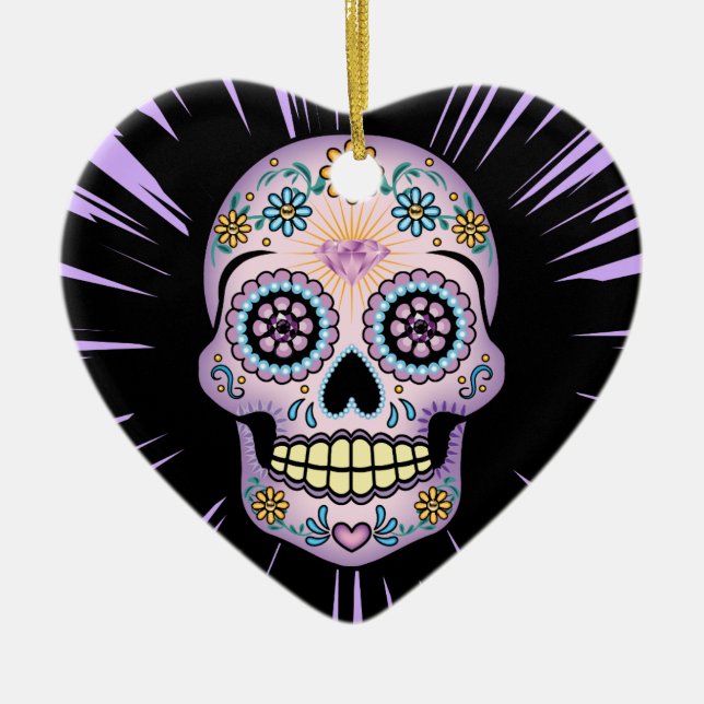 Purple Sugar Skull Ceramic Ornament (Front)