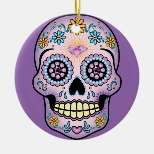 Purple Sugar Skull Ceramic Ornament