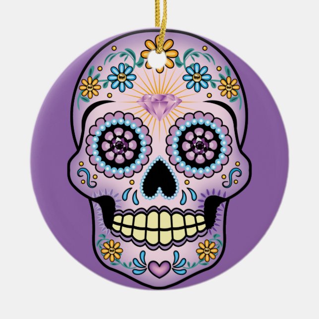 Purple Sugar Skull Ceramic Ornament (Front)