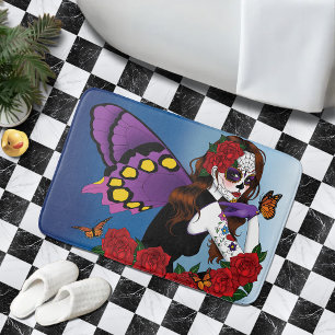Purple Sugar Skull Fairy Red Roses Monarchs Gothic Bathroom Mat