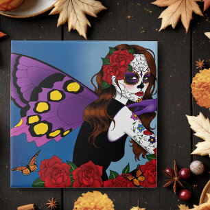 Purple Sugar Skull Fairy Red Roses Monarchs Gothic Ceramic Tile