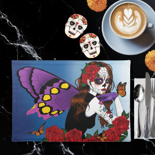 Purple Sugar Skull Fairy Red Roses Monarchs Gothic Cloth Placemat