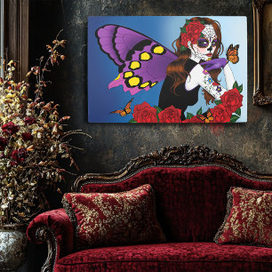 Purple Sugar Skull Fairy Red Roses Monarchs Gothic Metal Print