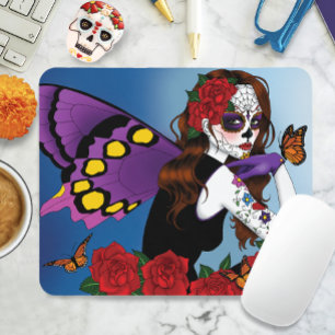 Purple Sugar Skull Fairy Red Roses Monarchs Gothic Mouse Pad