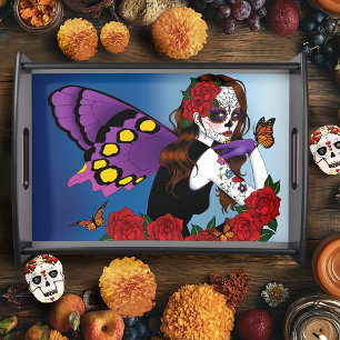 Purple Sugar Skull Fairy Red Roses Monarchs Gothic Serving Tray
