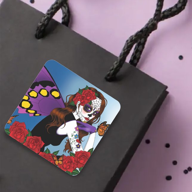 Purple Sugar Skull Fairy Red Roses Monarchs Gothic Square Sticker (Creator Uploaded)