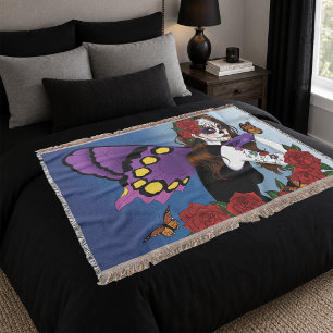 Purple Sugar Skull Fairy Red Roses Monarchs Gothic Throw Blanket