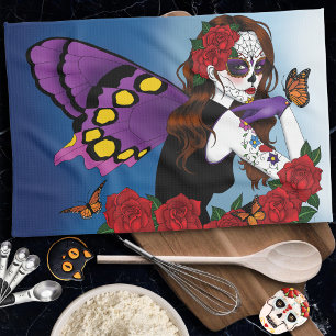 Purple Sugar Skull Fairy Red Roses Monarchs Gothic Towel