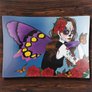 Purple Sugar Skull Fairy Red Roses Monarchs Gothic Trinket Tray