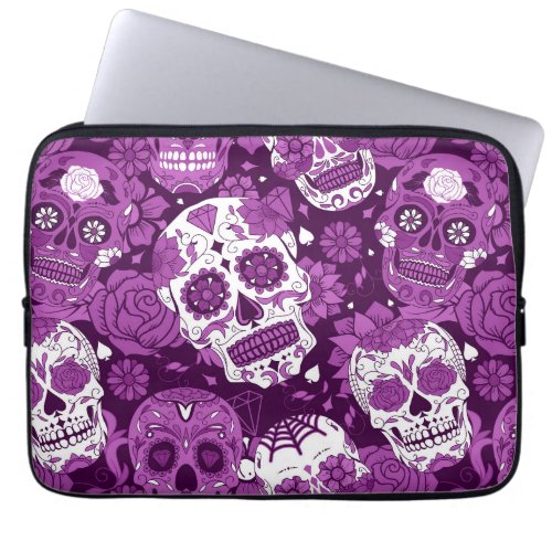 Purple sugar skull floral ornamental pattern laptop sleeve