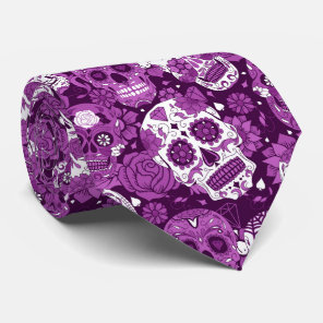 Purple sugar skull floral ornamental pattern neck tie