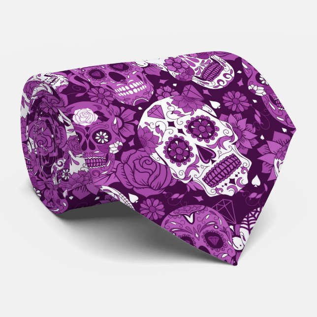 Purple sugar skull floral ornamental pattern neck tie (Rolled)