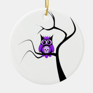 Purple Sugar Skull Owl in Tree Ornament