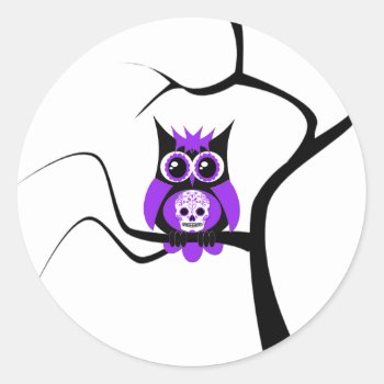 Purple Sugar Skull Owl In Tree Sticker by CuteLittleTreasures at Zazzle