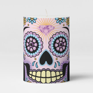 Purple Sugar Skull Pillar Candle