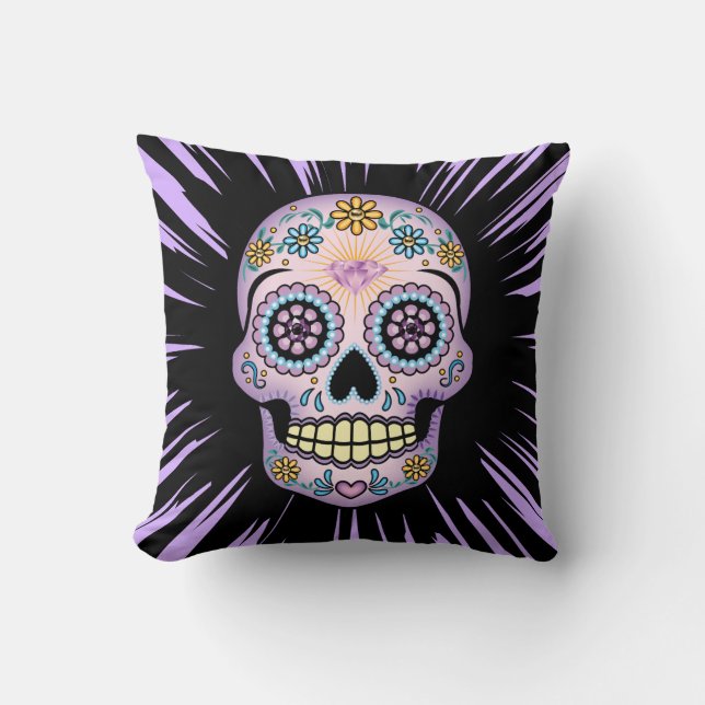 Purple Sugar Skull Throw Pillow (Front)