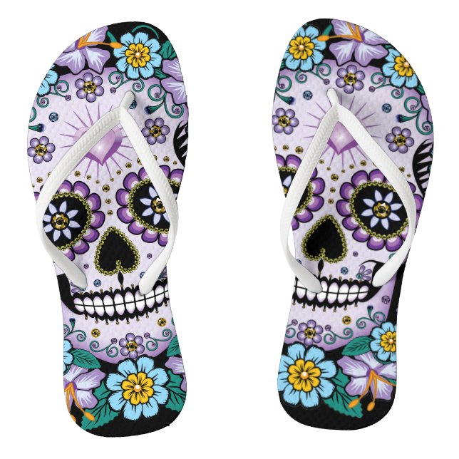 Purple Sugar Skull with Flowers Adult Flip Flops (Footbed)