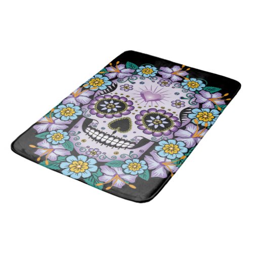Purple Sugar Skull with Flowers Bath Mat