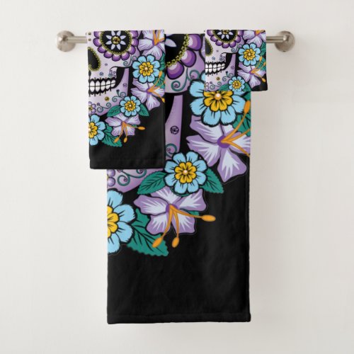 Purple Sugar Skull with Flowers Bath Towel Set