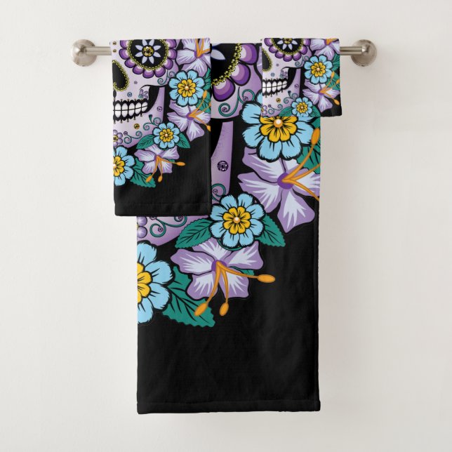 Purple Sugar Skull with Flowers Bath Towel Set (Insitu)