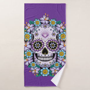 Purple Sugar Skull with Flowers Bath Towel Set