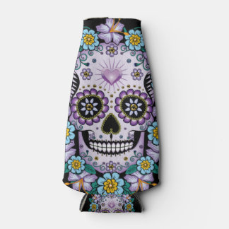 Purple Sugar Skull with Flowers Bottle Cooler