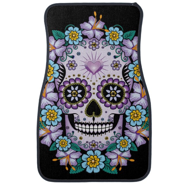 Purple Sugar Skull with Flowers Car Floor Mat (Front)