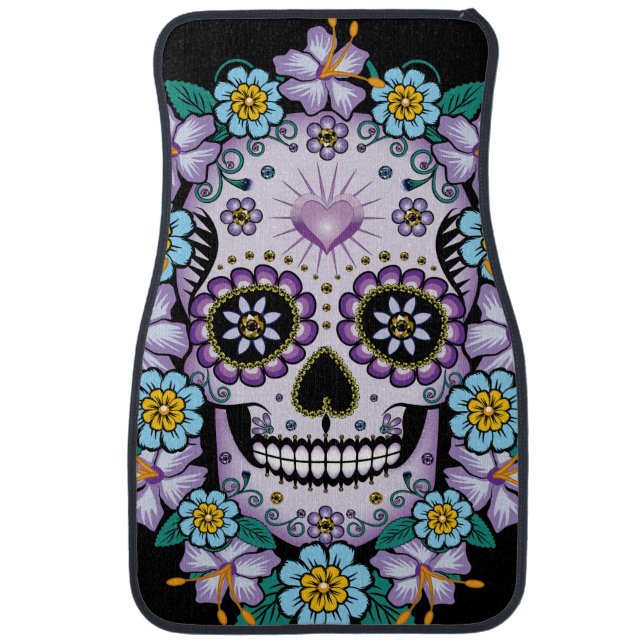 Purple Sugar Skull with Flowers Car Floor Mat (Front)