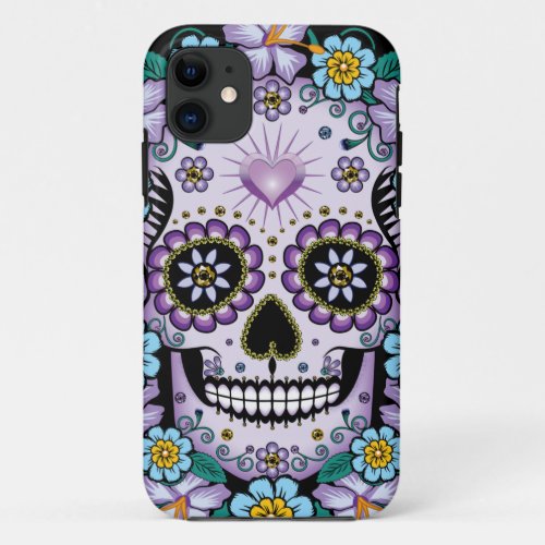 Purple Sugar Skull with Flowers iPhone 11 Case