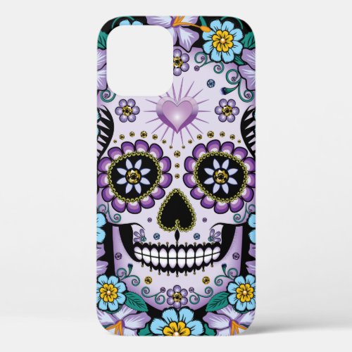 Purple Sugar Skull with Flowers iPhone 12 Pro Case