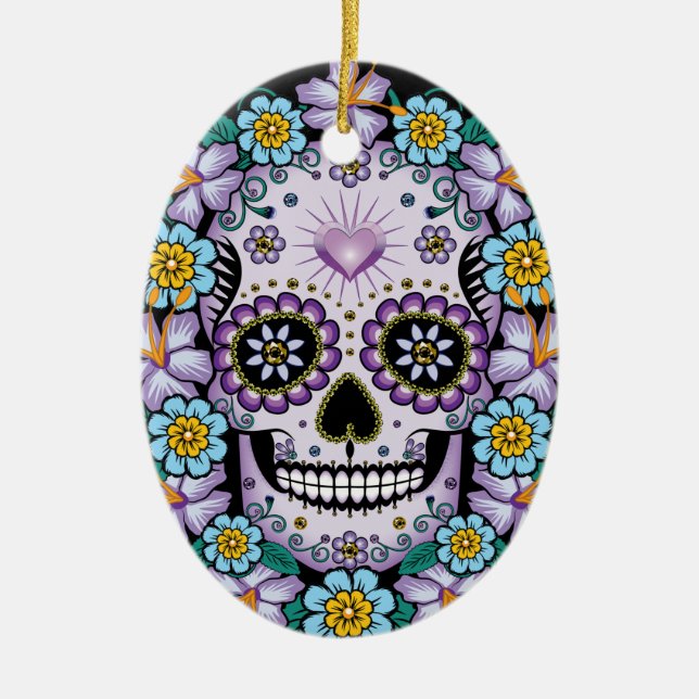 Purple Sugar Skull with Flowers Ceramic Ornament (Front)