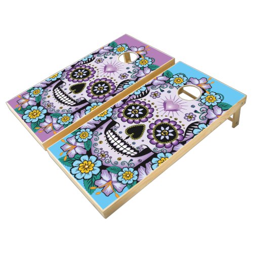 Purple Sugar Skull with Flowers Cornhole Set