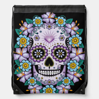 Purple Sugar Skull with Flowers Drawstring Bag