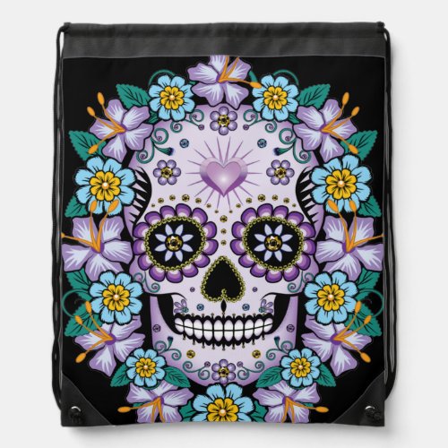 Purple Sugar Skull with Flowers Drawstring Bag