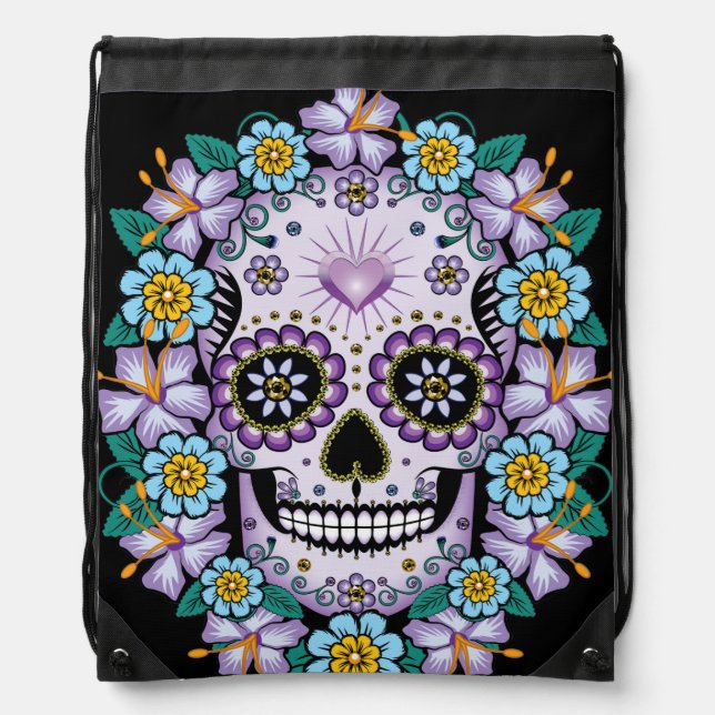 Purple Sugar Skull with Flowers Drawstring Bag (Front)