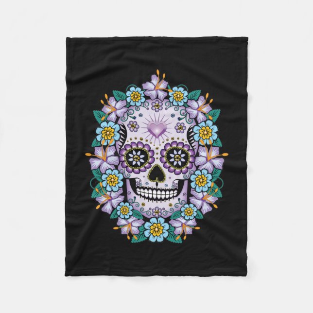 Purple Sugar Skull with Flowers Fleece Blanket (Front)