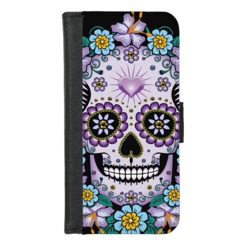 Purple Sugar Skull with Flowers iPhone 87 Wallet Case