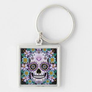 Purple Sugar Skull with Flowers Keychain