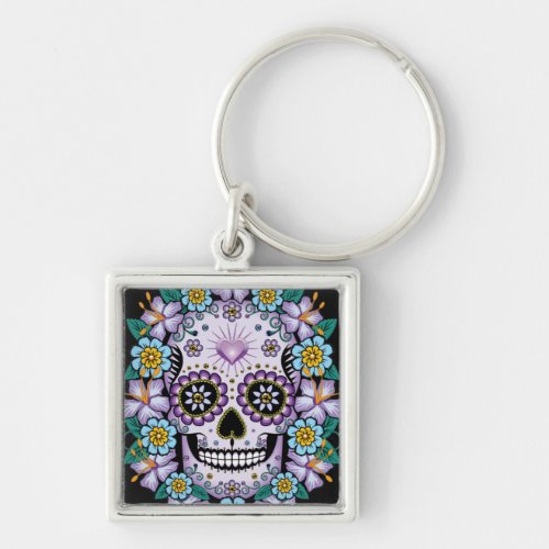 Purple Sugar Skull with Flowers Keychain