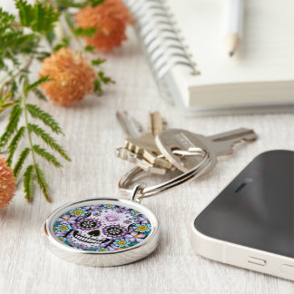 Purple Sugar Skull with Flowers Keychain