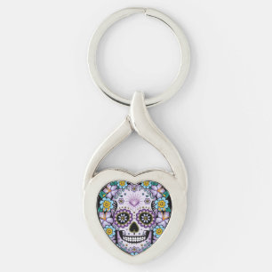 Purple Sugar Skull with Flowers Keychain