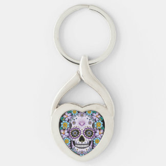 Purple Sugar Skull with Flowers Keychain